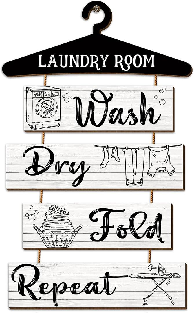 Blulu 5 Pieces Laundry Room Decor Rustic Vintage Farmhouse Room Rules Hanging Sign Wooden Wash Dry Fold Repeat Laundry Accessories for Bathroom,Home 19.7 x 11 Inch(White Backing)