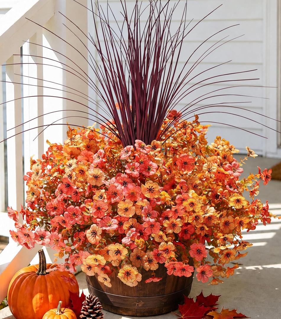 Fall Flowers Artificial Mums for Outdoors Autumn Decor, 12 Bundles Fake Fall Mums with 1 pcs Burgundy Grass UV Resistant Realistic Faux Flowers for Outside Home Porch Patio Planter Yard, Orange Yellow