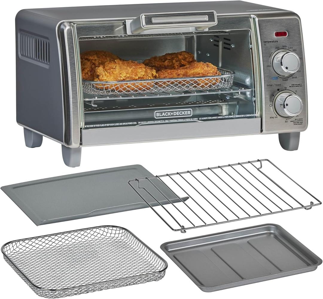 BLACK+DECKER Crisp 'N Bake Air Fry Countertop Convection Toaster Oven, Medium Capacity, 4-Slice, 5-in-1, Fits 9 Pizza, 30-Min Timer, Bake, Broil, Air Fry, Toast, Keep Warm, Stainless Steel (Medium Capacity)