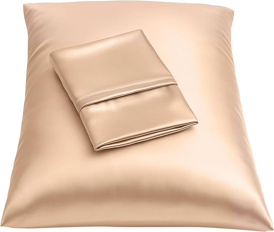 Satin Pillowcase with Zipper, for Hair and Skin Care, Feels Soft and Cool Like a Silk Pillowcase, Satin Pillow Cases 2 Pack, Slik Pillow Cover, Champagne, Standard, Set of 2