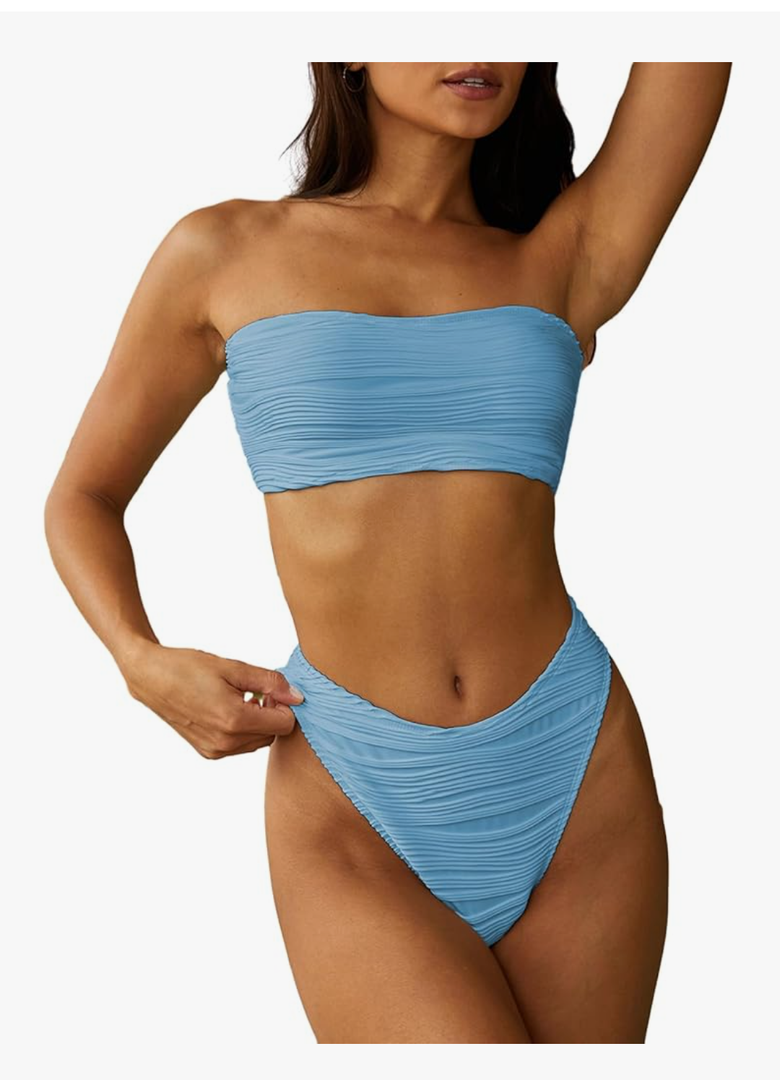 ZAFUL Women Strapless Textured Bandeau Bikini 2 Piece Swimwear Cheeky Solid Lace up Bathing Suits, Size:Large