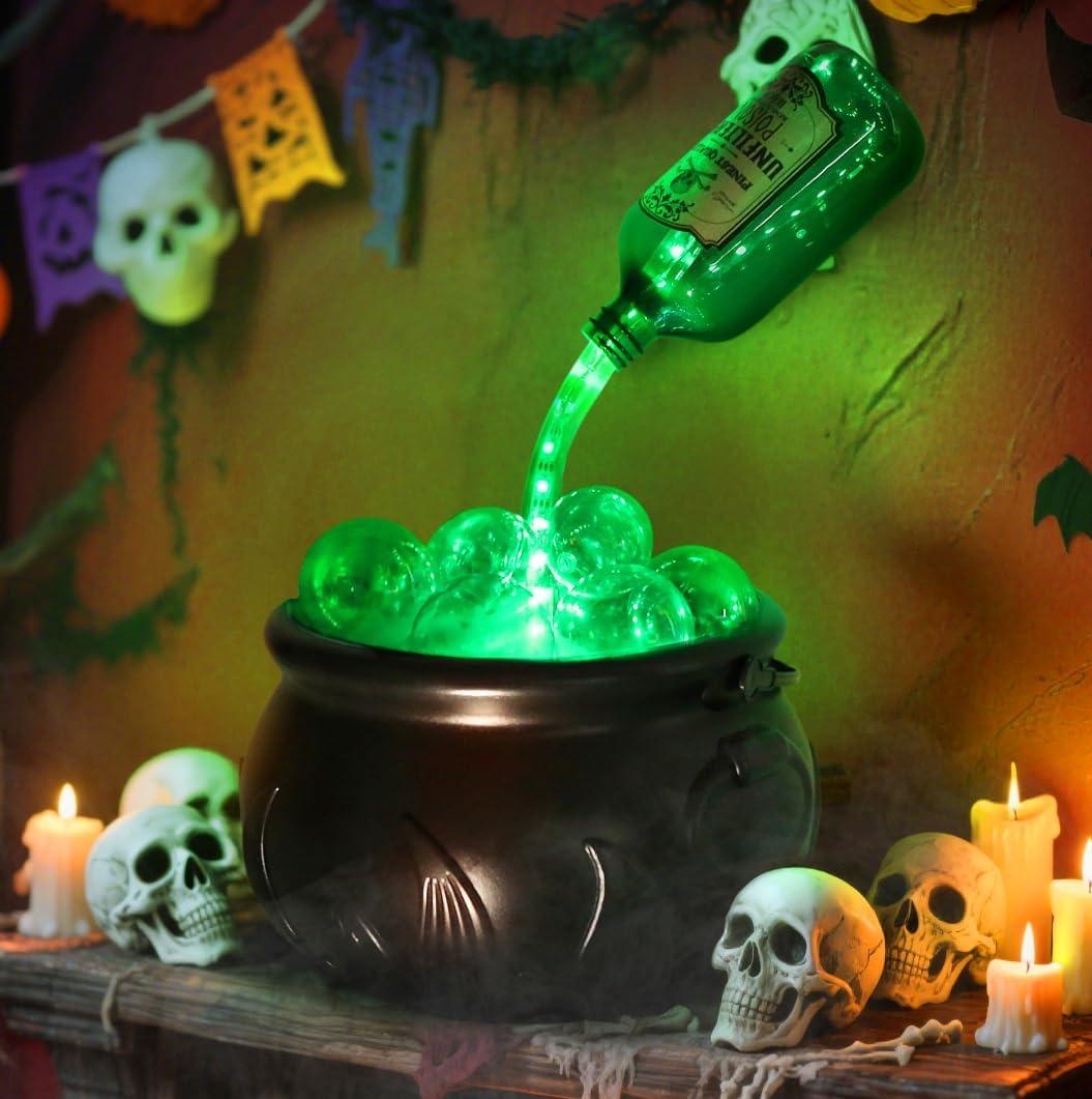 LED Color Changing Water Flow Halloween Cauldron Light with Witches Magic Floating Potion Bottles Indoor Effect Spooky Decoration for Home Table, Room, Party (Black)