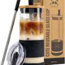 Pandaloo Glass Cups With Lids and Straws -20 Fl Oz- Perfect Size Iced Coffee Cup - Smoothie Cup With Bamboo Lid and On the go Lid - Glass Tumbler With Straw (1 Count (Pack of 1), Black Saphir)
