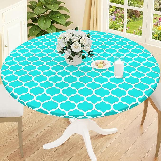 Smiry Round Picnic Tablecloth, Waterproof Elastic Fitted Table Covers for 18" - 24" Tables, Wipeable Flannel Backed Vinyl Tablecloths for Camping, Indoor, Outdoor, Teal & White