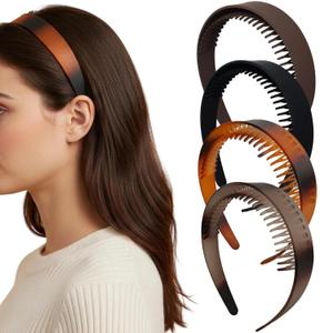 4PCS Fashion Headbands Plastic Hair Head Band Comb with Teeth, Headband with Teeth for Girls Non Slip,women's Recycled Plastic Black&Brown headbands,Gifts for Women and Teen Girls (Type 5)