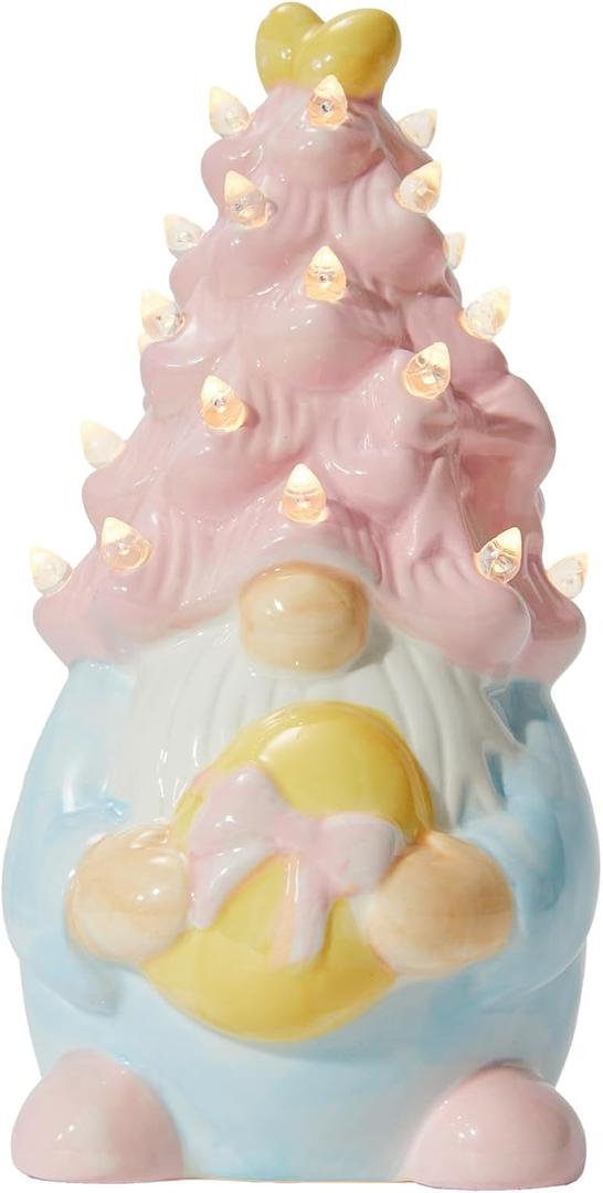 WDS WONDROUS Easter Decorations Lighted Gnome Figurine, Ceramic Battery Operated LED Easter Decor with Pink Hair Holding Egg, Spring Home Decor, Table Centerpiece, Indoor Gnome Decorations