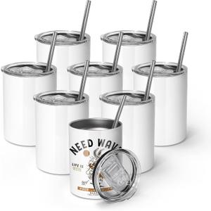 AGH 10OZ Sublimation Wine Tumblers Blanks, 8 Pack Straight Stainless Steel Tumblers with Lids and Straw, Sublimation Coffee Cups Mugs for Hot & Cold Drinks