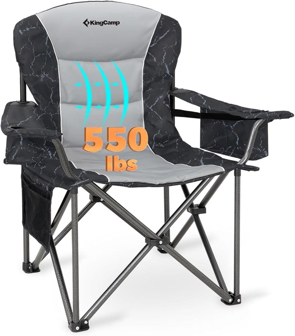KingCamp Oversized Camping Chair with Adjustable Lumbar Support, 550lbs Heavy Duty Padded Folding Lawn Chair for Adults, Outdoor Armchair with Cooler Bag, Cup Holder & Side Pocket for Fishing, Travel (1 Pack-grey/Lightgrey)