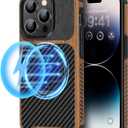 TENDLIN Magnetic Case Compatible with iPhone 14 Pro Case Wood Grain with Carbon Fiber Texture Design Leather Hybrid Slim Cover (Compatible with MagSafe)