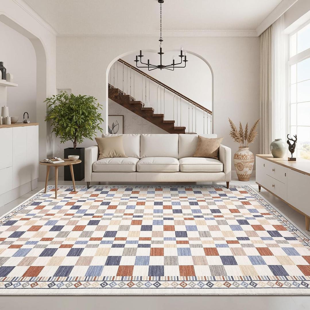 GarveeHome 10x13 Area Rug for Large Living Room Modern Colorful Checkered Throw Rug for Luxury Bedroom Contemporary Premium Floor Carpets Machine Washable Non-Slip Low Pile for Classroom Playroom