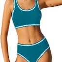 WIQI Girls Swimsuits Bikini Set 2 Piece Bathing Suit Color Contrast Trim Swimwear Size 7-16 (13-14 Years, Blue Green-a)