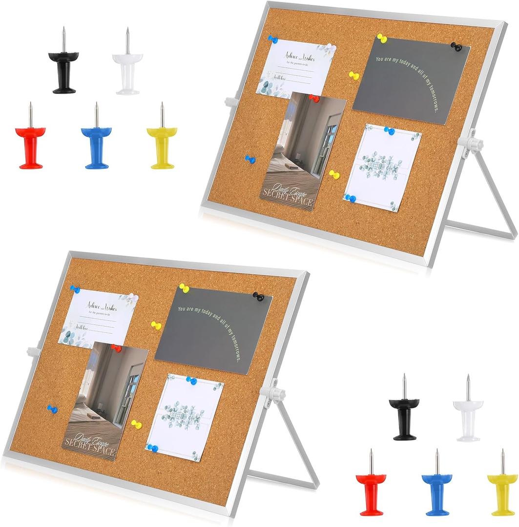 2 Pcs 11.81"15.74" Cork Bulletin Board, Double Sided Pin with Silver Aluminum Border, Small Desktop Cork Board with Stand for Home, Office, School, Desk Message or Picture
