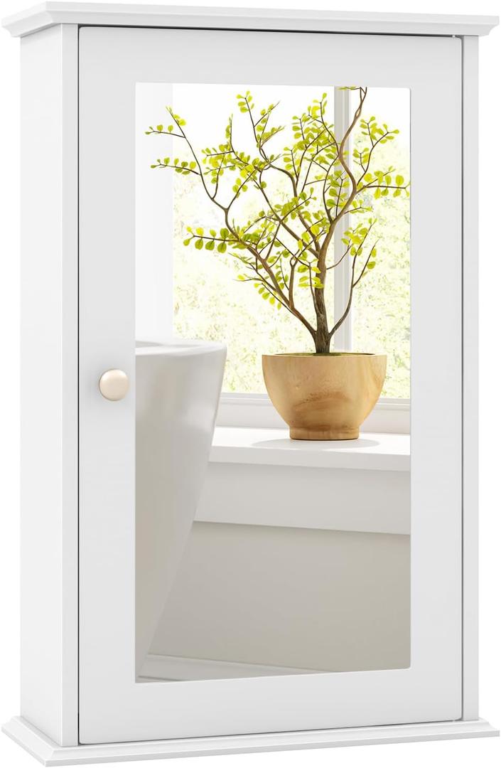 Tangkula Bathroom Medicine Cabinet with Mirror, Wall Mounted Single Mirror Door Storage Cabinet w/Adjustable Shelf, Wall Cabinet w/Reversible Door for Bathroom Living Room Hallway (White)