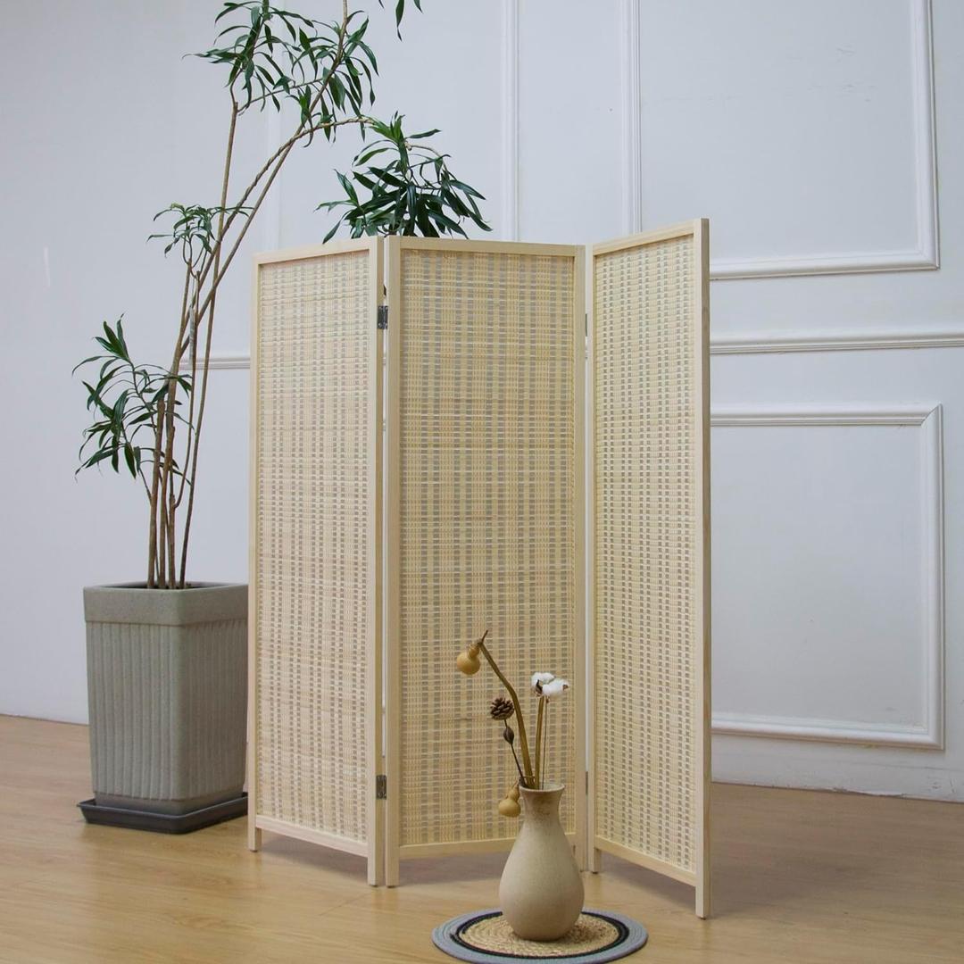 3 Panel Room Divider Short Folding Screen Divider, Double Sided Bamboo Divider Screen for Room Separation,Beige,47.2" H x 46.1" W