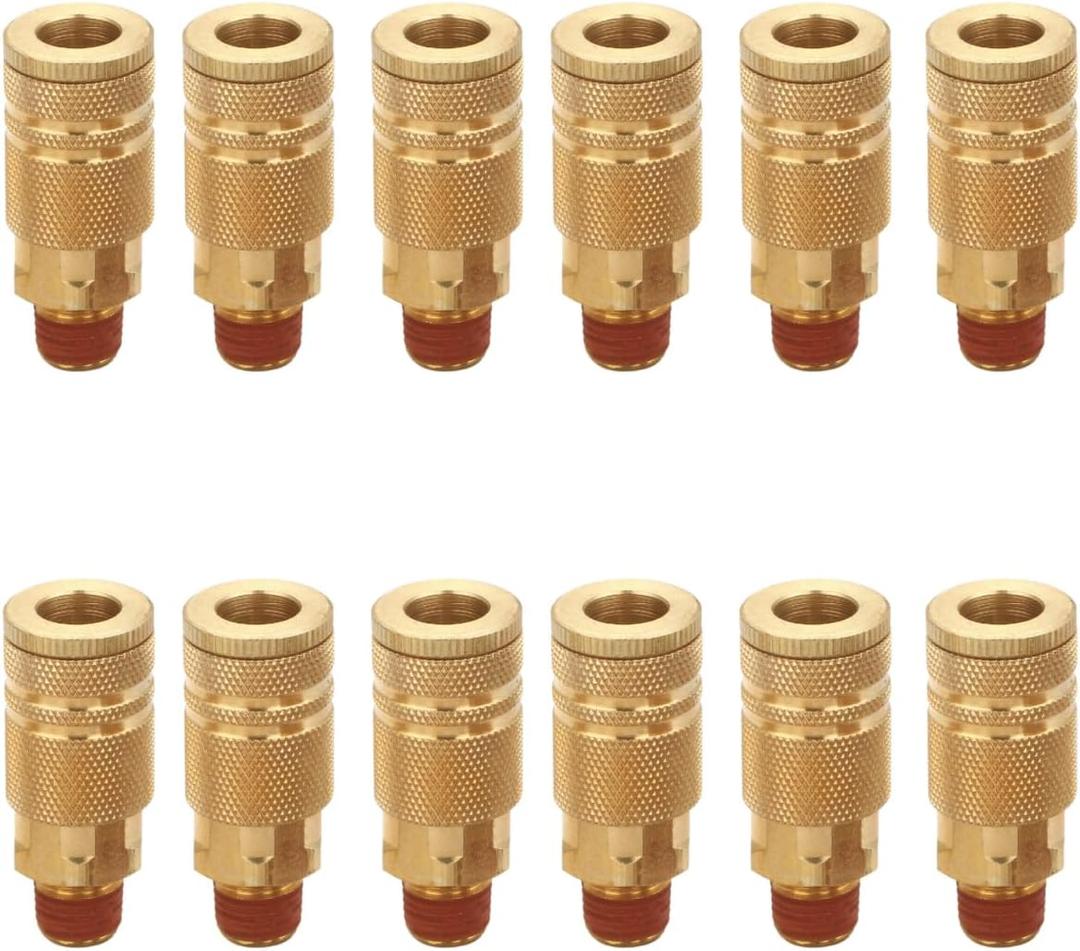 1/4 Inch Brass Male Industrial Coupler, 12 Pack 1/4 Inch Air Hose Fittings NPT Male Quick Connector Air Coupler with sealant for Professional Jobsites and Automotive Shops