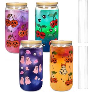 Halloween Cups 4 Pcs, 18 oz Skull Glass Cups with Lids and Straws Ghost Mug Glass Tumbler Mason Jar Iced Coffee Can, Spooky Gifts Boo Basket Stuffers Drinking Glasses Halloween Decorations