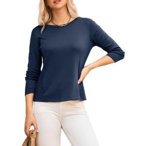 Dokotoo Long Sleeve Shirts Crewneck Womens Tops 2025 Fall Outfits Comfort Basic Tees Fashion Clothing (L)