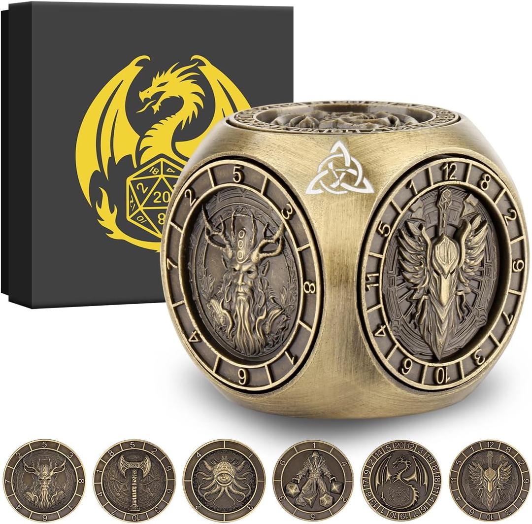 DND Fingertip Spinner Dice, Metal Dice Set with 3D Pattern, Polyhedral Rotating Game Dice, for DND Gifts with Dragon Logo Gift Box, Role Playing Board Game Accessories, Bronze