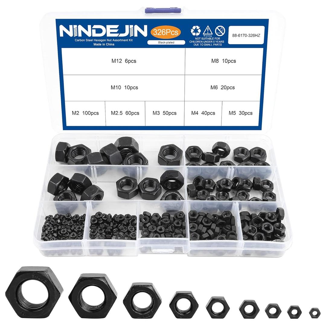 NINDEJIN 326 pcs Metric Black Hex Nuts Assortment Kit M2 M2.5 M3 M4 M5 M6 M8 M10 M12 Assorted Metric Hardware Nuts Set 9 Sizes Carbon Steel Metal Hex Nuts for Screw Bolt