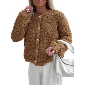 PRETTYGARDEN Women's Faux Fur Coat 2026 Fall Fuzzy Fleece Button up Shearling Cropped Jackets Winter Trendy Outerwear (Brown, X-Large)