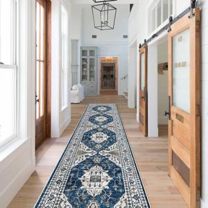 Hallway Washable Runner Rug - 2x10 Kitchen Rugs Entryway Rug Runner Vintage Soft Floor Mat Non Slip Indoor Farmhouse Carpet for Bathroom Living Room Bedroom (2 X 10, Blue)