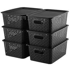AREYZIN Storage Bins Plastic Storage Baskets With Lid Small Baskets for Organizing Stackable Storage Container Organizer Bins for Shelves Drawers Desktop Playroom Classroom Office, 6 Pack, Black