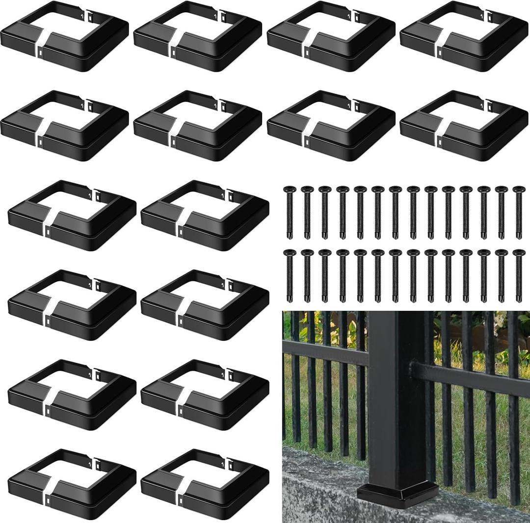 Tandefio 16 Pcs 4x4" Metal Post Skirt with Screw, Split Style Post Skirt Sleeves Base Cover, Porch Columns Wraps Glossy Black Base for Fence Stair Wood Hand and Stair Rails (Internal Size 3.5 x 3.5")