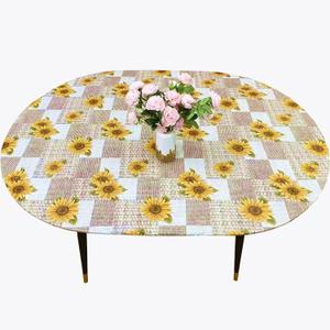 Oval Tablecloth Classic Elastic Edged Flannel Backed Vinyl Fitted Table Cloth Waterproof Oil-Proof Plastic Table Cover (Sunflower, Best for Up to 42" x 60")
