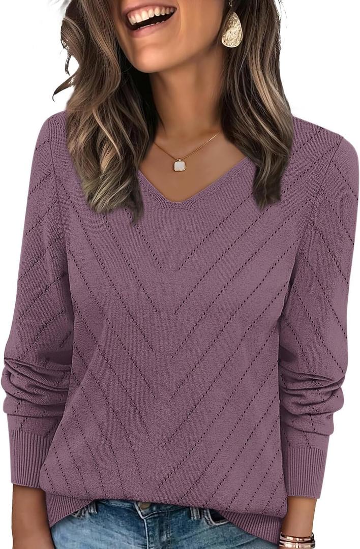 WIHOLL Sweaters for Women V Neck Casual Knit Long Sleeve Tops Lightweight Pullover Clothes Fall Fashion Outfits 2026 (Large, Grey Purple)