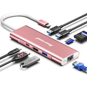Hiearcool USB C Hub Ethernet, 8in1 USBC Hub Multi-Port Adapter, USB-C to HDMI Docking Station Type C Adapter Dongle Compatible for MacBook Dell XPS HP ASUS and More Type-C Devices-Rose Gold