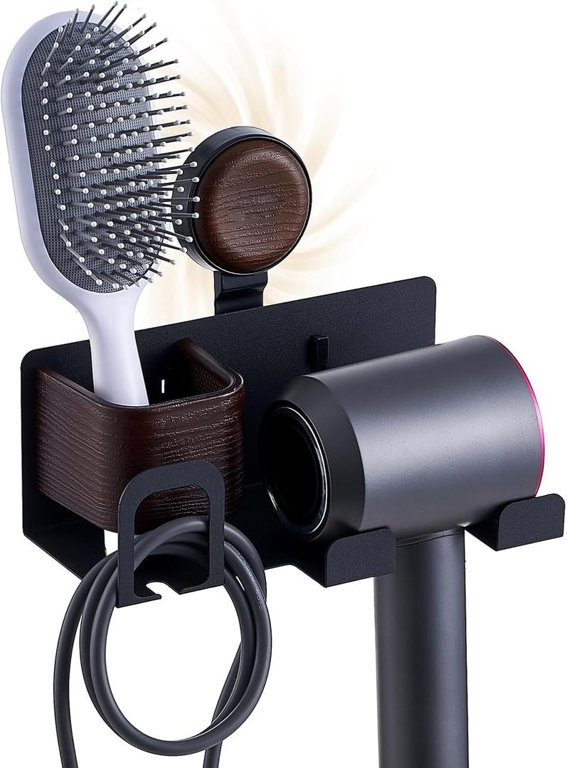 Hair Dryer Holder Wall Mount with Suction Cup, No-Drill Metal Blow Dryer Holder, Hair Accessories Tools Organizer Rack with 1 Toothbrush Hanger & Shelf, Walnut Finish for Bathroom