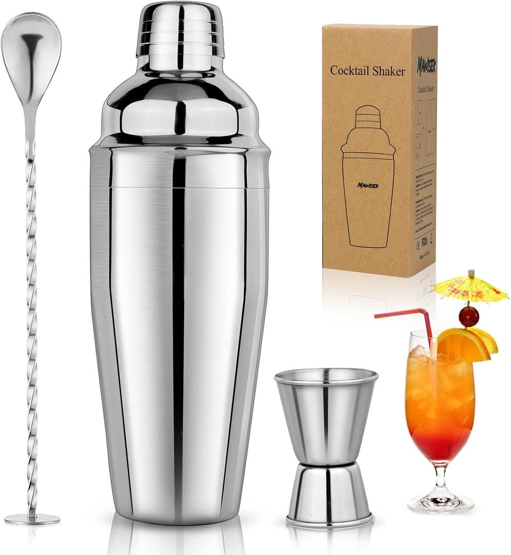 24oz Cocktail Shaker Set Martini Shaker Set Bartender Set with Margarita Mixer Drink Shaker, Measuring Jigger and Mixing Spoon - Professional 18/8 Stainless Steel Bar Tools for Mixed Drinks (3pcs, Silver)
