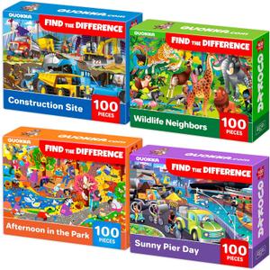 QUOKKA 100 Piece Puzzles for Kids Ages 4-6  4 Puzzles for Kids Ages 6-8  Search and Find Animals and Construction Vehicles Kid Activities for 8-10 yo  Toddler Learning Toy Game Gift for Boys 5-8