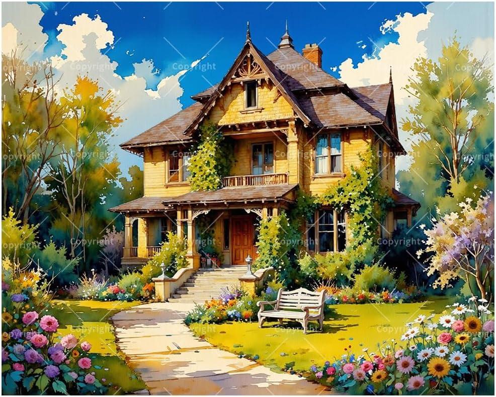 House Landscape Paint by Numbers Kit for Adults - DIY Victorian Garden Home Painting on Canvas, Acrylic Paint Set, Suitable for Beginners, Art for Home Decoration or Gifts(16X20IN Framed)