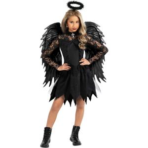 Morph Fallen Angel Costume For Girls With Black Wings, Dark Girl Angel Costume, Halloween Costumes For Girls (Large)