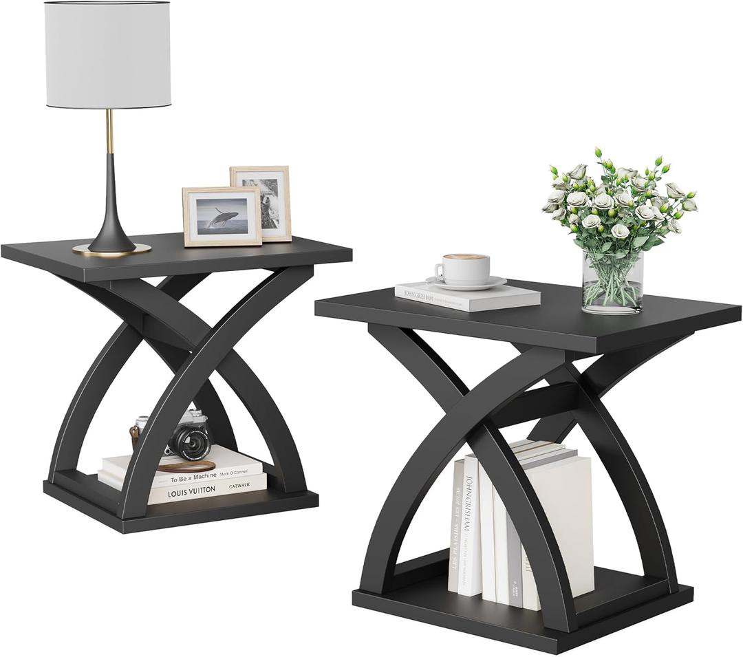 ChooChoo End Side Table Set of 2, Modern End Table with Storage Shelf, X-Design Side Table Living Room (Black)
