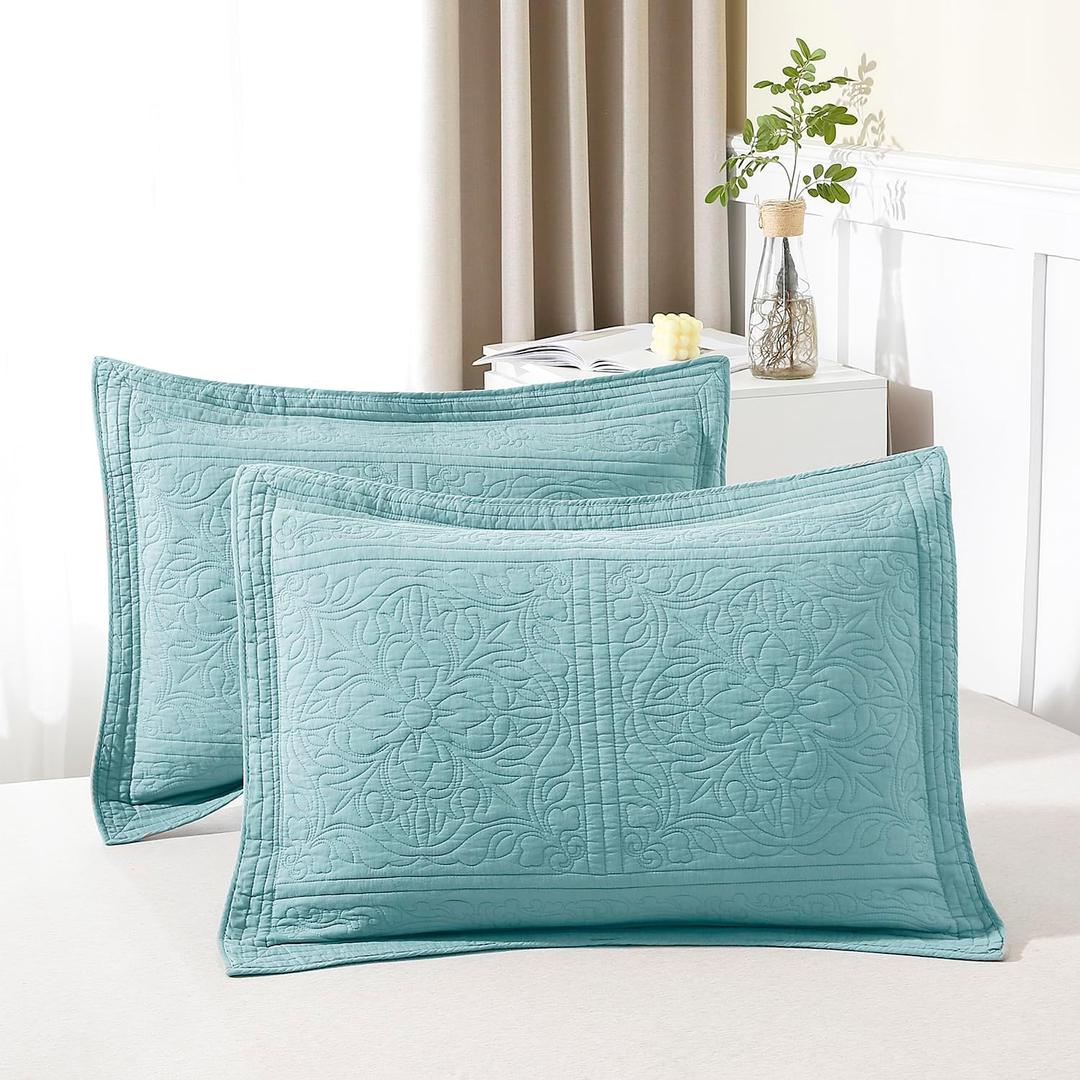 WINLIFE 100% Cotton Quilted Pillow Sham Floral Printed Pillow Cover (Standard, Aqua Blue) 26" x 20" (Pack of 2)
