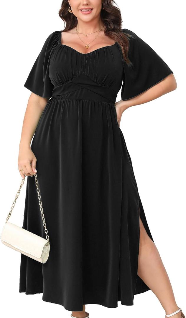 Plus Size Dress Wedding Guest Semi Formal Ruffle Short Sleeve Sweetheart Neckline Slit A Line Flowy Maxi Dresses (Black)