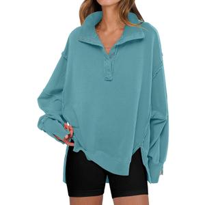 ANRABESS Women's Sweatshirts Oversized Casual Loose Button Up Henley Pullover Top High Low Split 2025 Fall Fashion Outfits (X-Large, Lake Green)