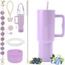 40 oz Tumbler with Handle Straw and Accessories, Drop & Abrasion Resistant, Vacuum Double-Layer Insulation, Ideal for Camping, Fitness, Outdoor Use (Lavender)