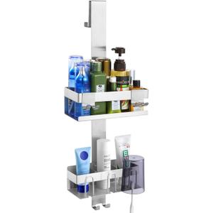 Over The Door Shower Caddy 2 Tier, 304 Stainless Steel Hanging Shower Caddy Rustproof Shower Shelves, No Drilling Hanging Shower Organizer for Bathroom Glass Door, Silver