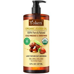 Yoken Organic Jojoba Oil 8oz, USDA Certified Pure for Hair, Skin Care