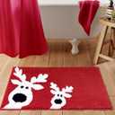 Cute Reindeer Christmas Bath mat Machine Washable Non Slip, 16W x 24L Vibrant Red Festive Christmas Bathroom Rugs Decor, Absorbent Shaggy Microfiber Xmas Holiday Winter Bath Rug Shower Floor Mat