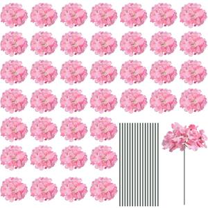 MECCANIXITY Silk Artificial Hydrangea Flowers, Pink Artificial Flowers Heads with Stems, Full Hydrangea Flowers for Wedding Centerpieces, Party Decoration 30 Set