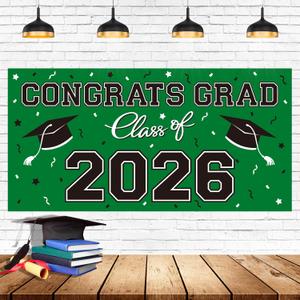 9 x 2026 Graduation Party Plastic Backdrop - 65" x 32.7" Congrats Grad Banner in Green, Large Class of 2026 Decorations, Photography & Grad Party Supplies