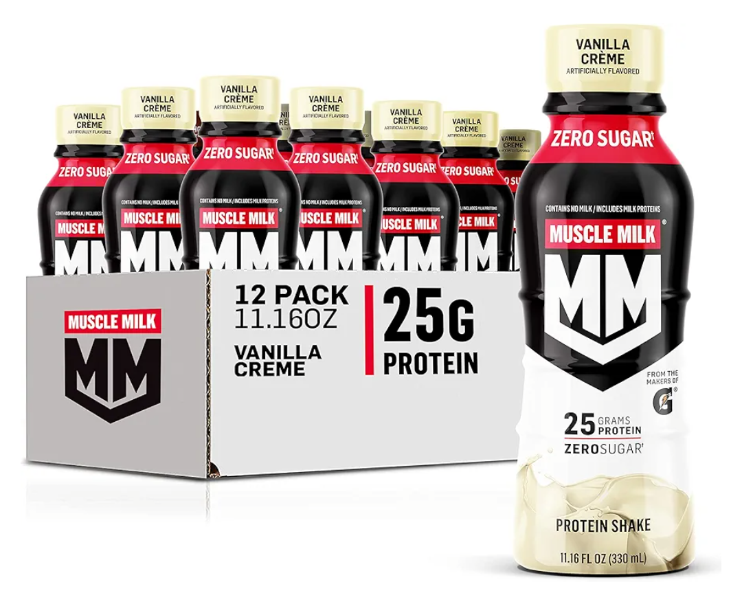 Muscle Milk Genuine Protein Shake, Vanilla Creme, 11.16 Fl Oz Bottle, 12 Pack, 25g Protein, Zero Sugar, Calcium, Vitamins A, C & D, 5g Fiber, Energizing Snack, Workout Recovery, BBD 03/31/2026