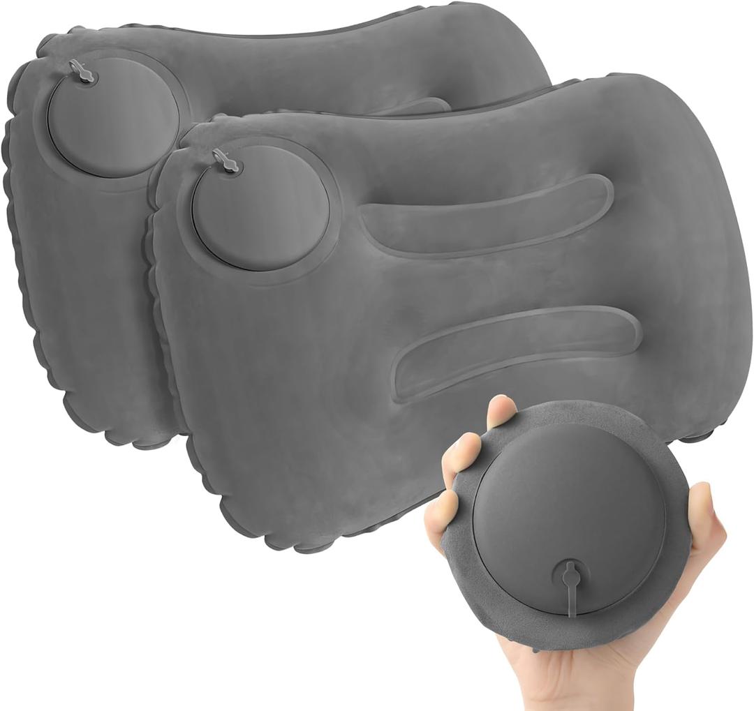 2-Pack Inflatable Camping Pillow, Portable Travel Pillow for Sleeping, Lightweight Compact Inflatable Pillows for Beach, Hiking, Backpacking, Airplane Travel, Press-to-Inflate Design (Grey) (17''x11''x4'')