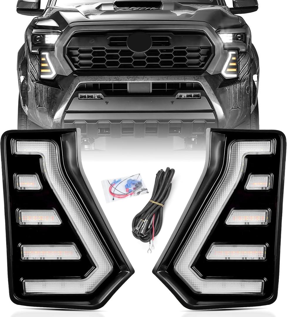 LED Daytime Running Lights White DRL Compatible with Tacoma 2024 2025 2026, With Amber Sequential Turn Signal Lights Front Bumper Fog Lights Kit Tacoma Accessories