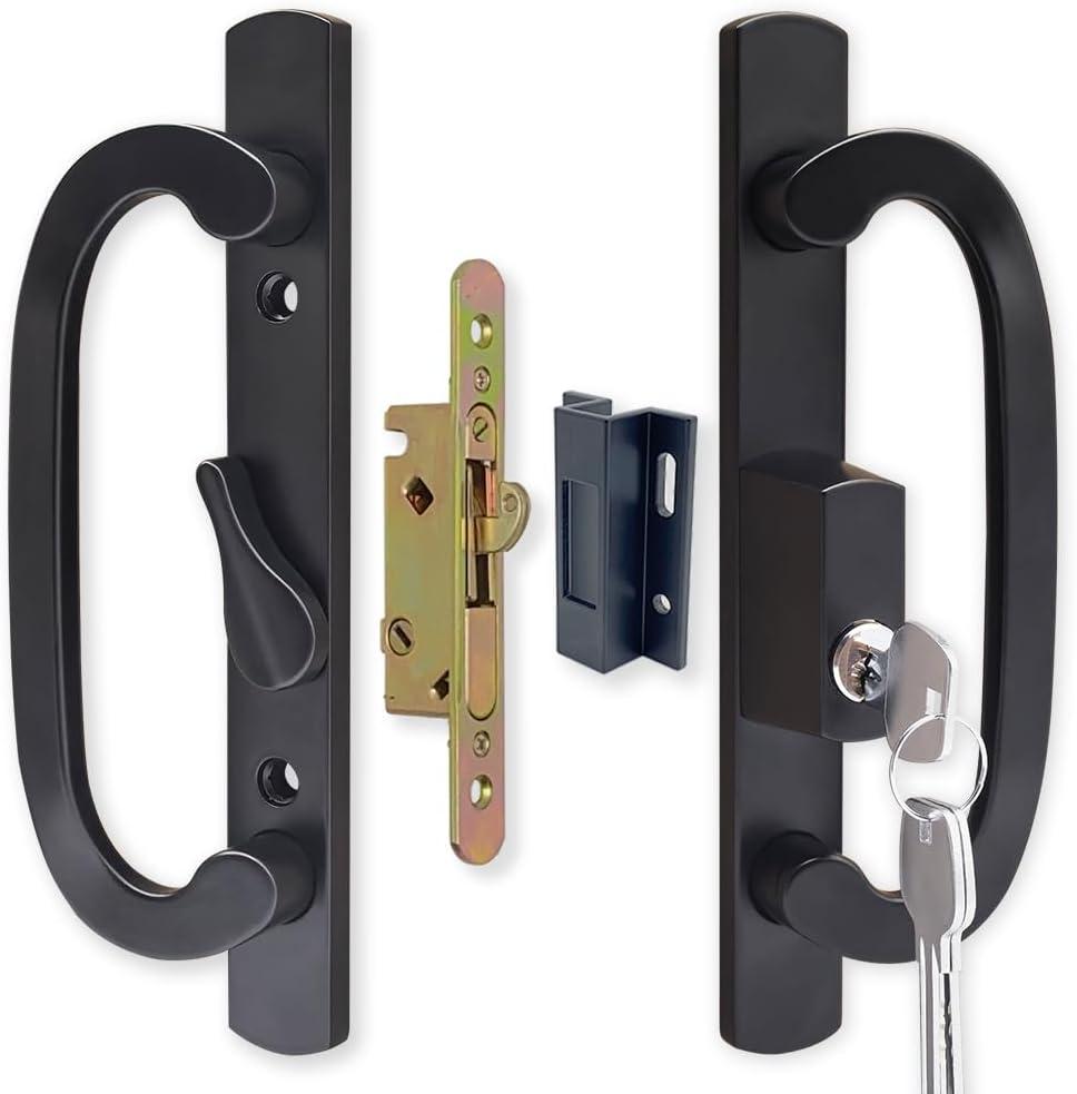 ALLYWASAI Patio Sliding Door Handle Set with Mortise Lock, Key Cylinder and Keeper, Replacement Handle Lock Set Fits Door Thickness from 1-1/2" to 2-1/4", 3-15/16" Screw Hole Spacing, Keyed, Black