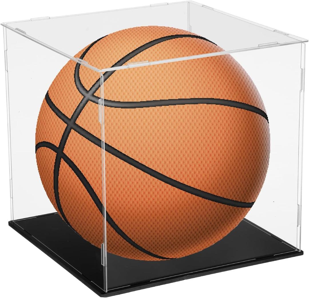uxcell Basketball Display Case 10 Inch Clear Acrylic Display Case with Basketball Stand Holder Cube Countertop Storage Box for Autographed Soccer Memorabilia Collectibles